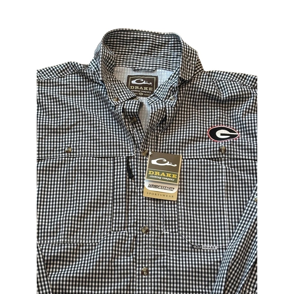 NWT Drake Waterfowl Georgia Bulldogs UGA Black & White Gingham Fishing Shirt Men